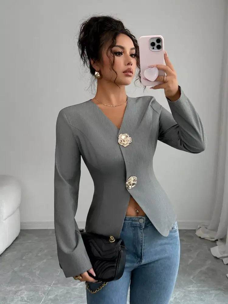 Flower Button Long Sleeve Blazer