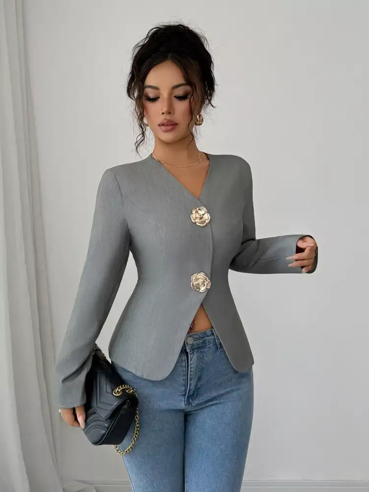 Flower Button Long Sleeve Blazer