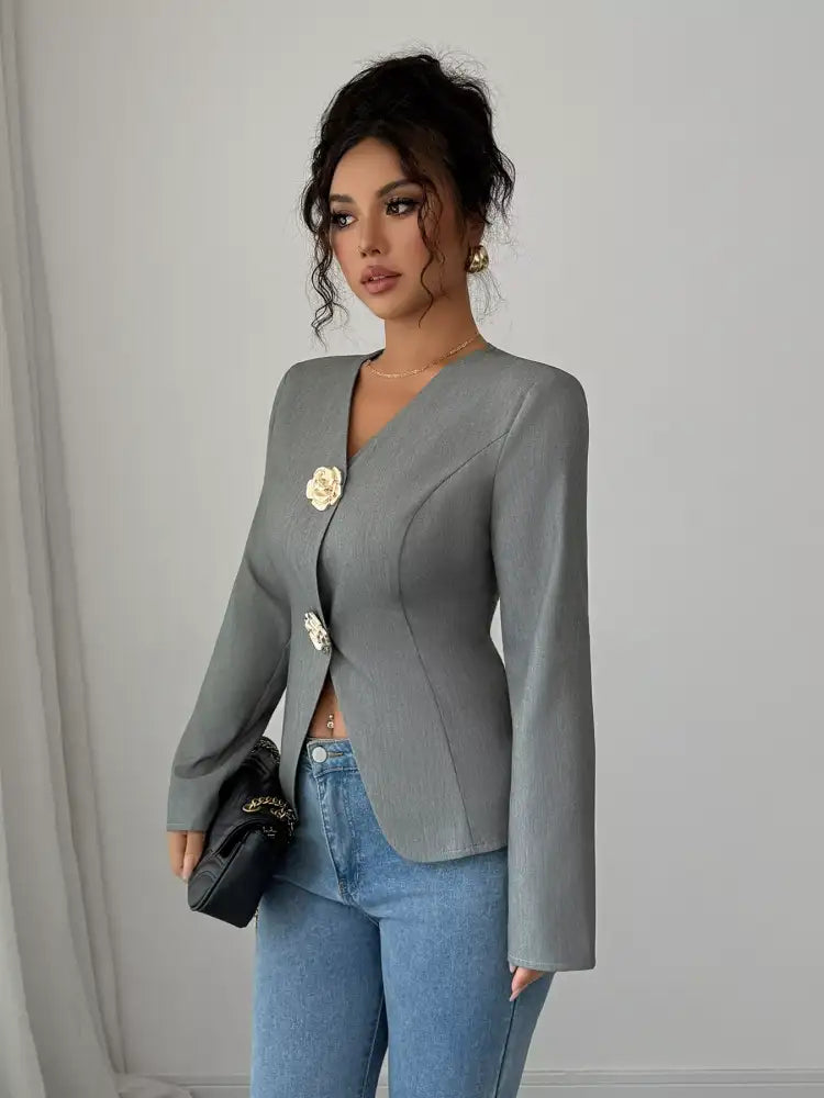 Flower Button Long Sleeve Blazer