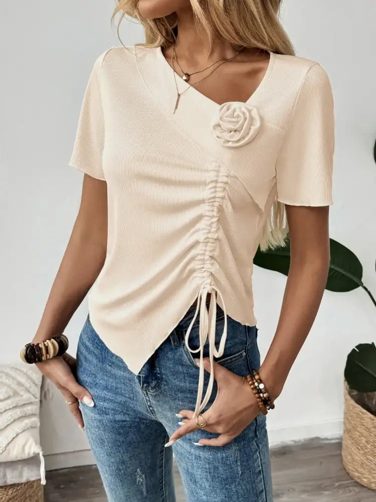 Flower Drawstring Ruched Front Top