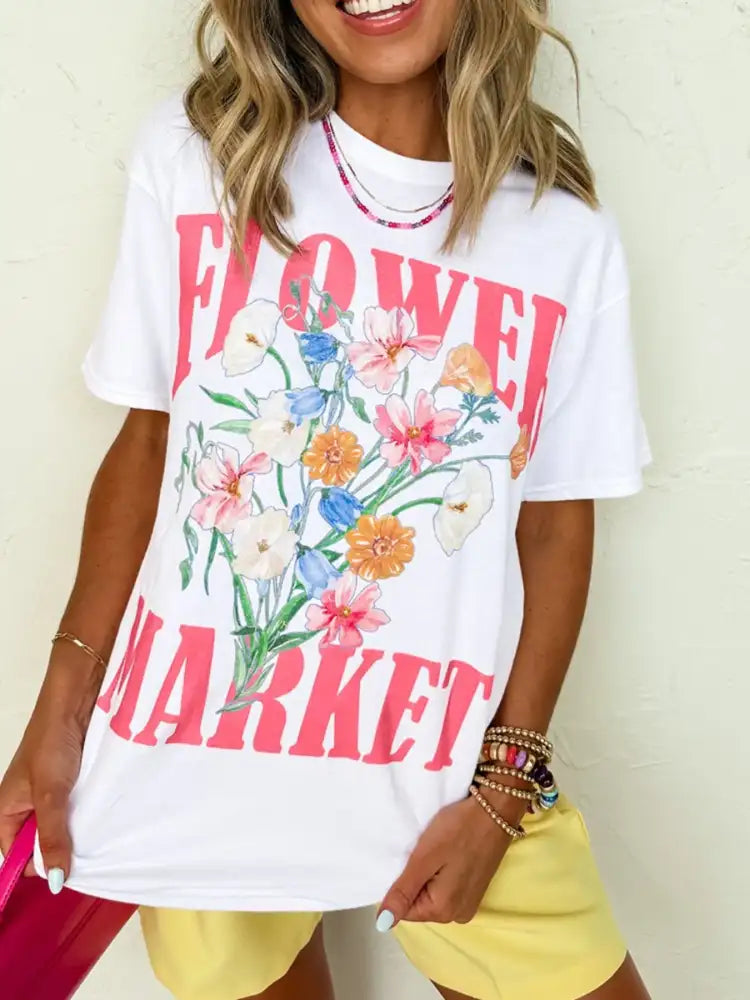 FLOWER MARKET Graphic Round Neck T Shirt