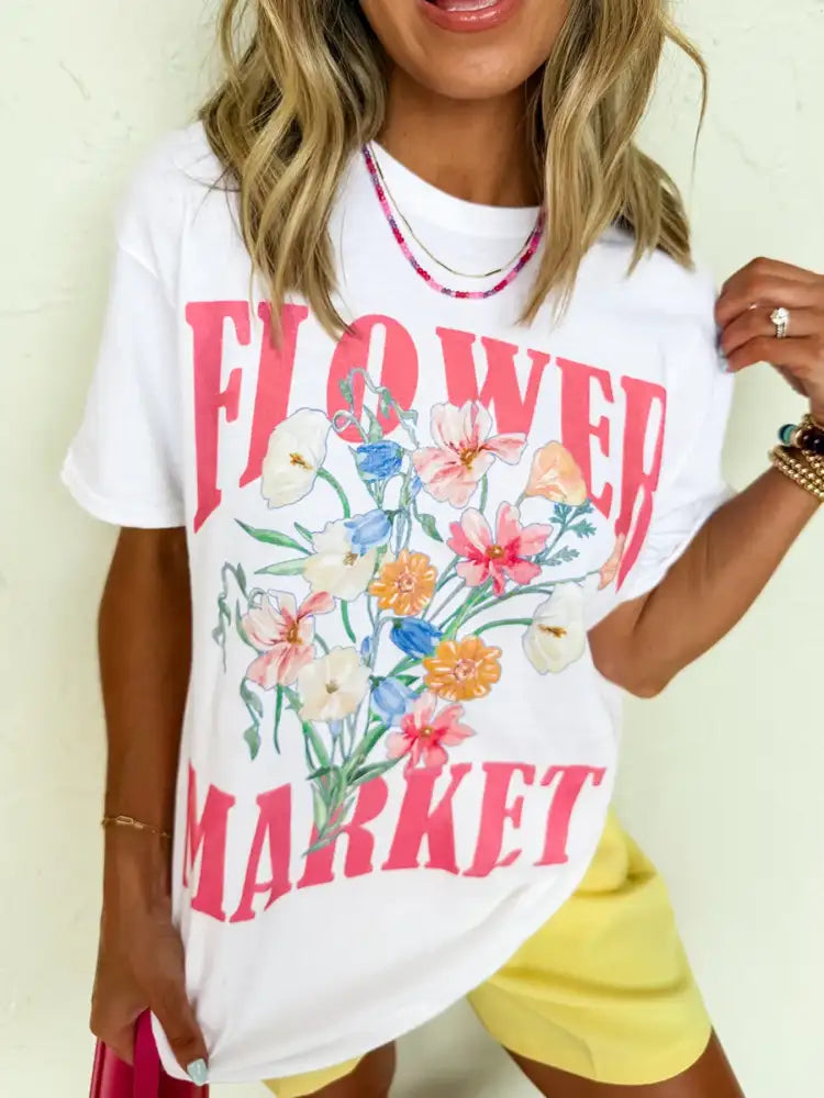 FLOWER MARKET Graphic Round Neck T Shirt
