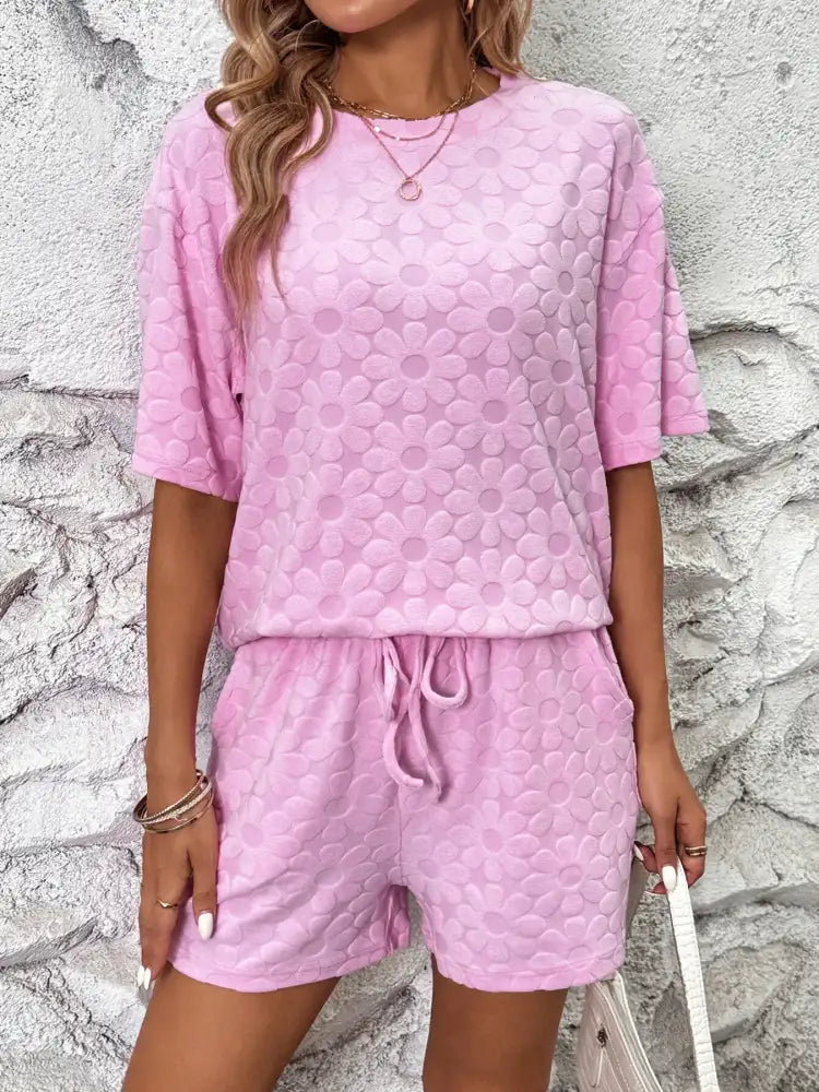 Flower Round Neck Top and Shorts Lounge Set