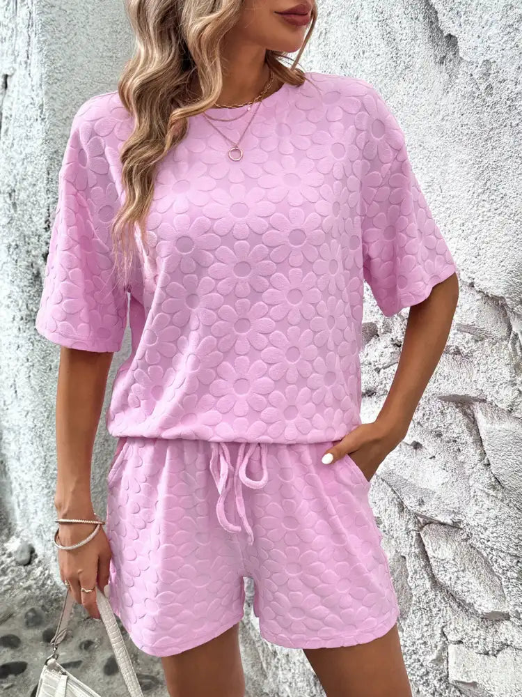 Flower Round Neck Top and Shorts Lounge Set