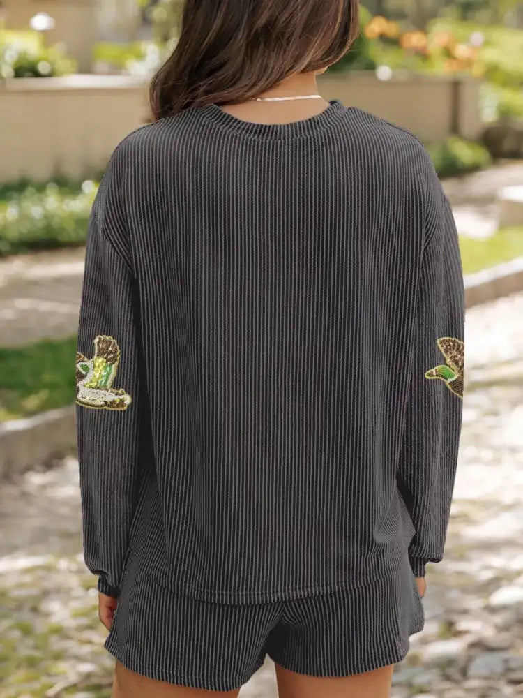 Flying Mallard Sequin Patched Ribbed Long Sleeve Top and Shorts Set