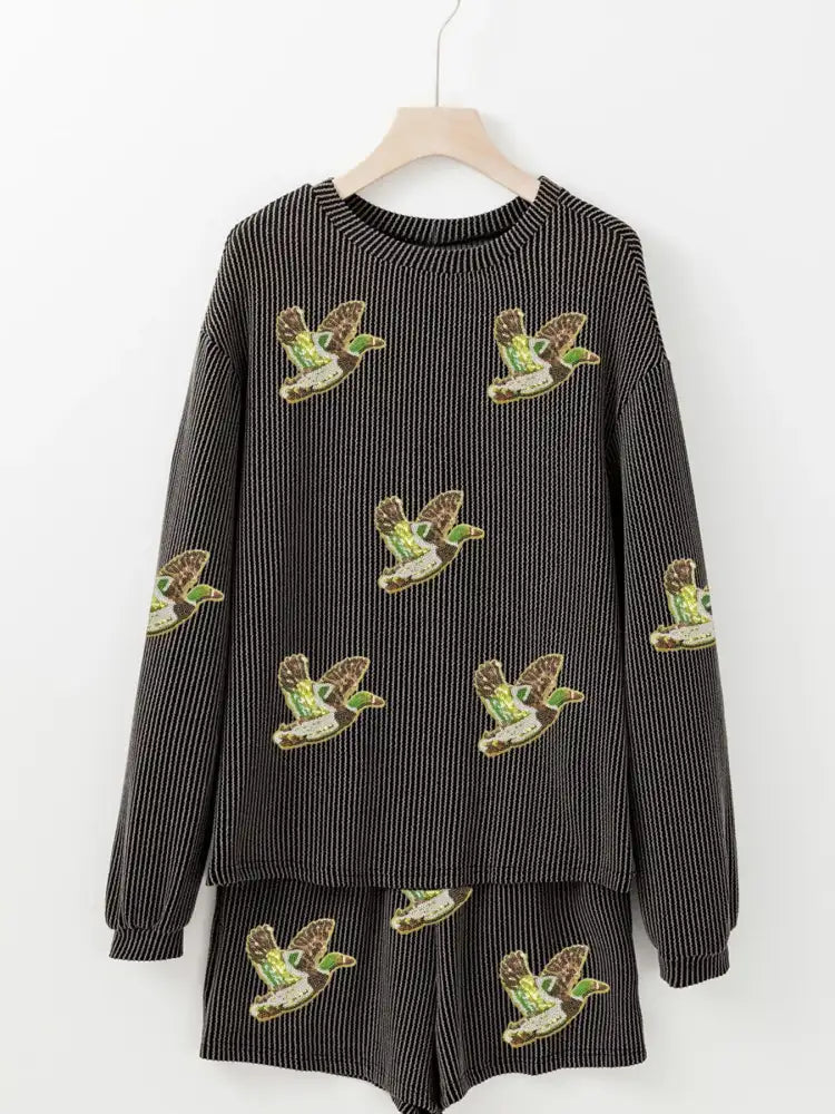 Flying Mallard Sequin Patched Ribbed Long Sleeve Top and Shorts Set