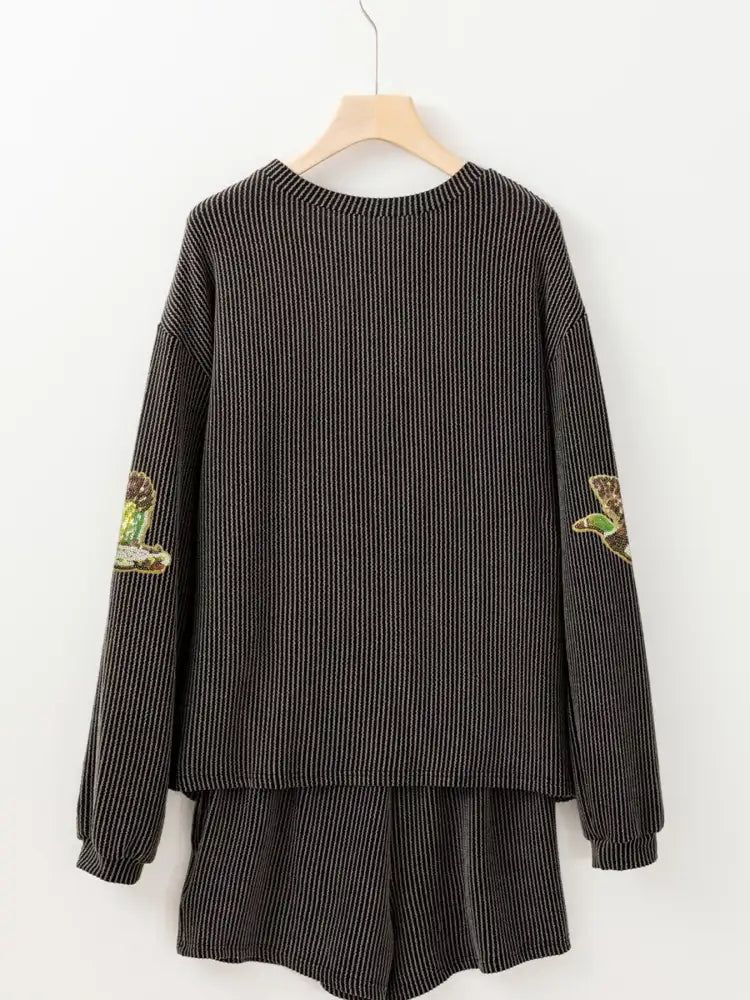 Flying Mallard Sequin Patched Ribbed Long Sleeve Top and Shorts Set