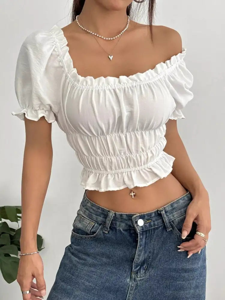 Frill Ruffled Hem Puff Sleeve Crop Blouse