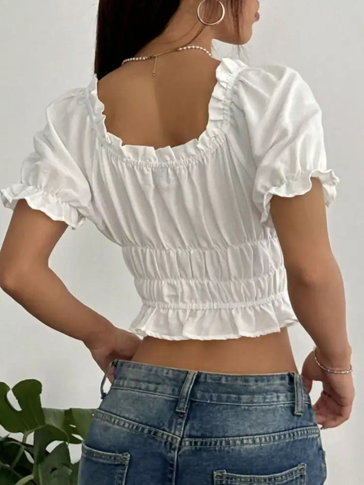Frill Ruffled Hem Puff Sleeve Crop Blouse