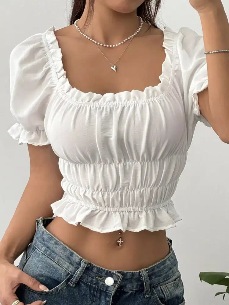Frill Ruffled Hem Puff Sleeve Crop Blouse