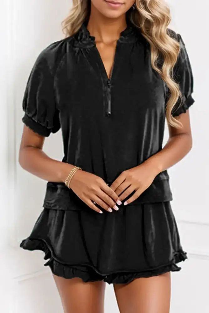Frill Zip Front Puff Sleeve Top and Skort Set