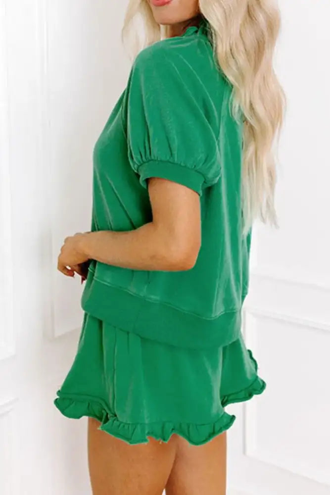 Frill Zip Front Puff Sleeve Top and Skort Set