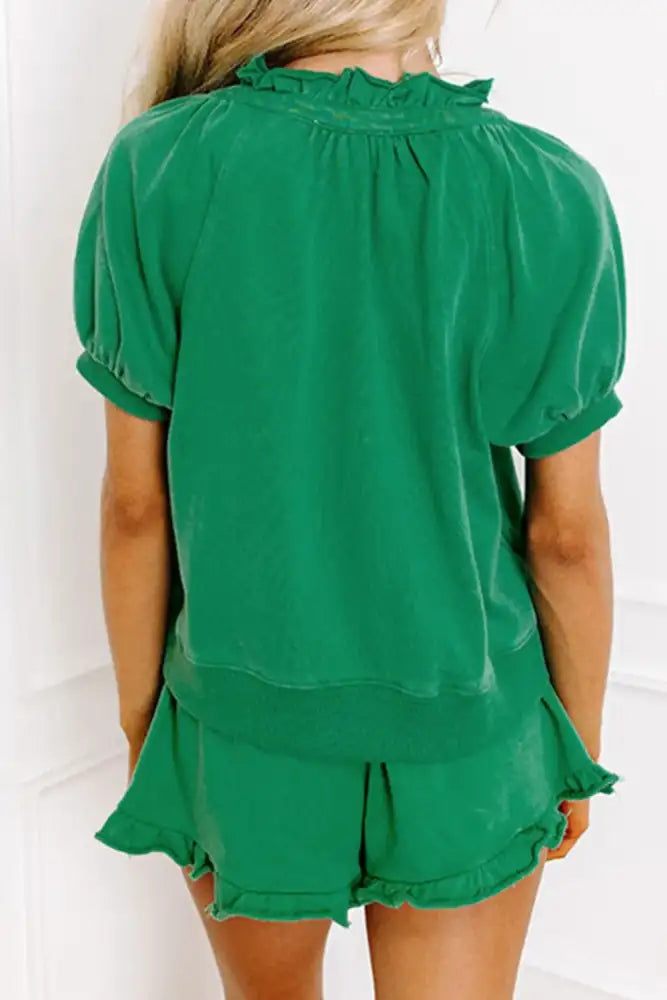 Frill Zip Front Puff Sleeve Top and Skort Set