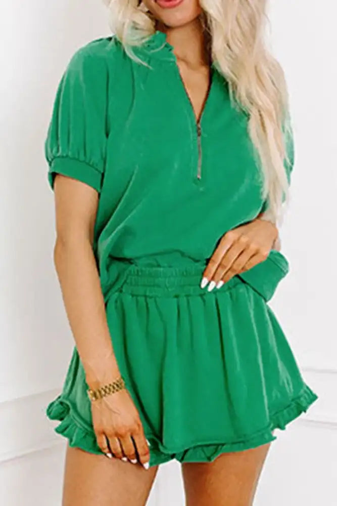 Frill Zip Front Puff Sleeve Top and Skort Set