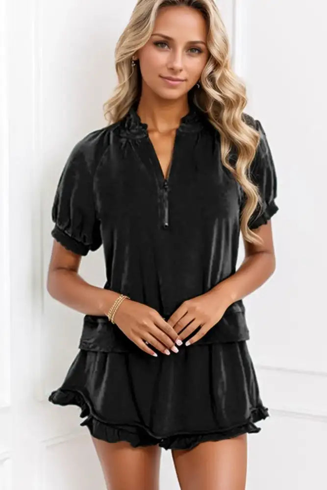 Frill Zip Front Puff Sleeve Top and Skort Set