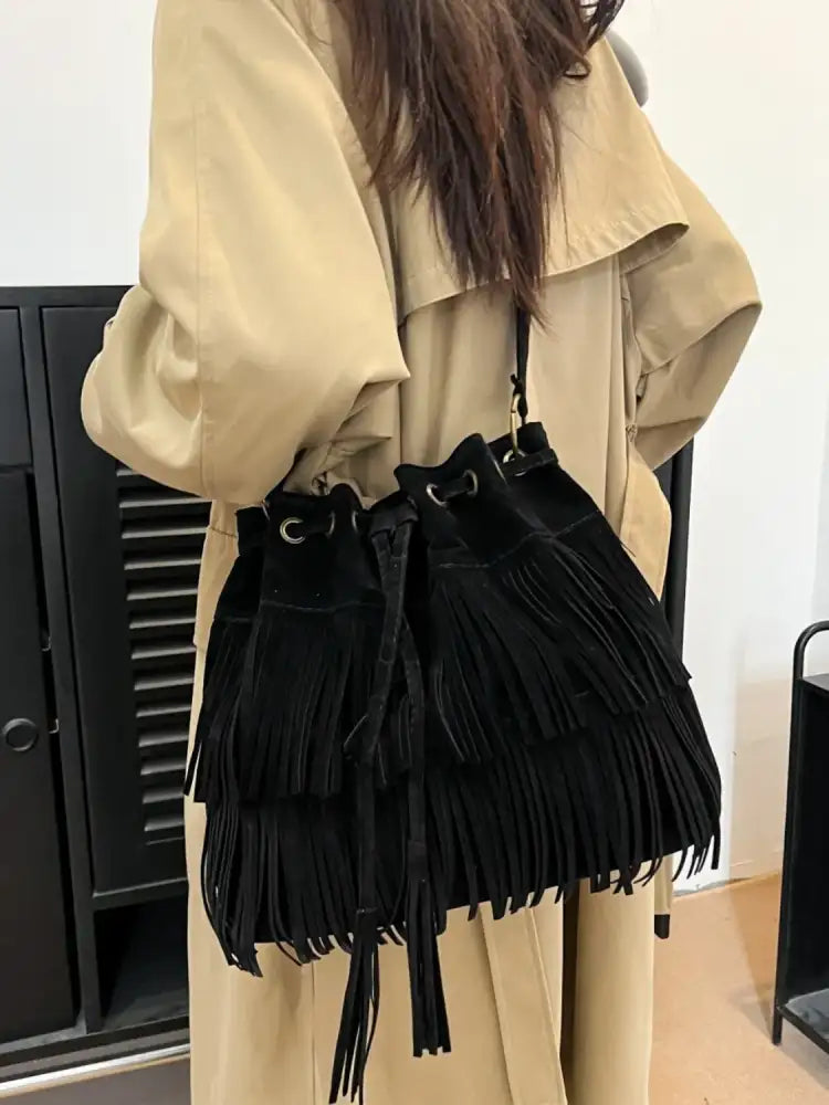 Fringe Drawstring Shoulder Bag