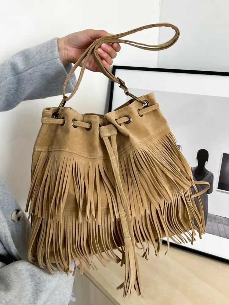 Fringe Drawstring Shoulder Bag