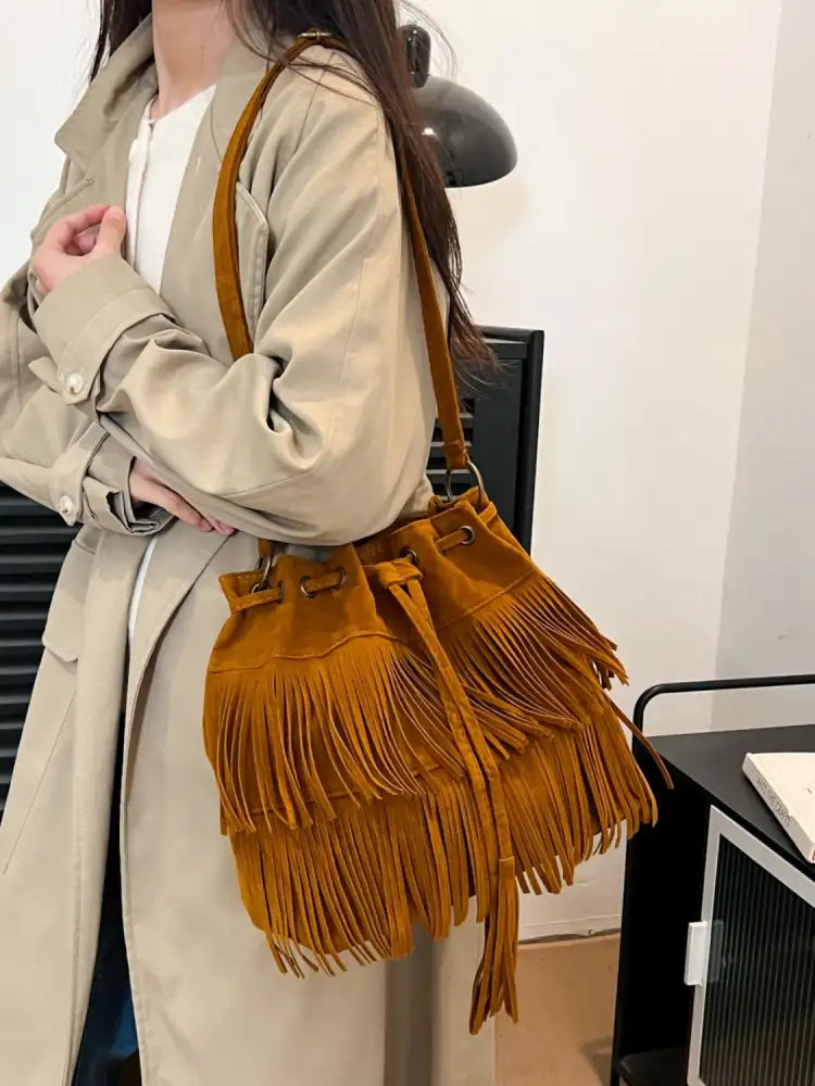 Fringe Drawstring Shoulder Bag