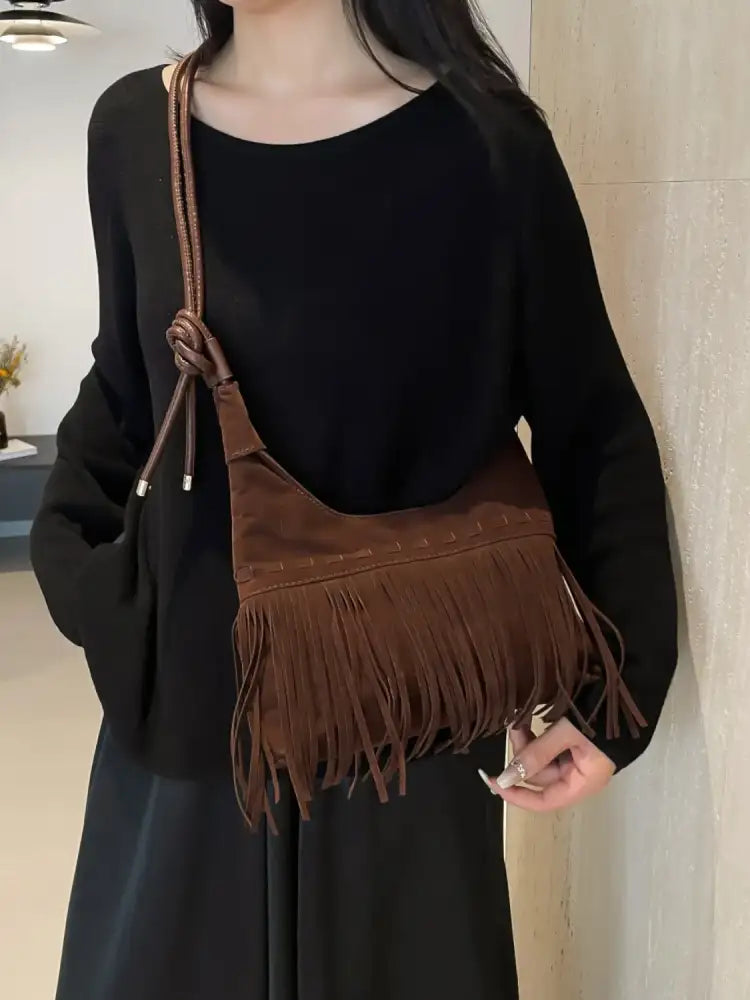 Fringe Knotted Strap Shoulder Bag