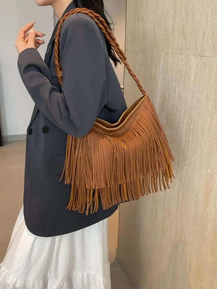 Fringe Solid Color Shoulder Bag