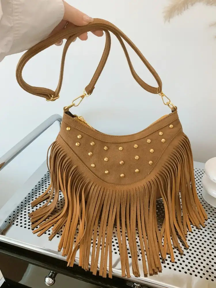 Fringe Studded Shoulder Bag