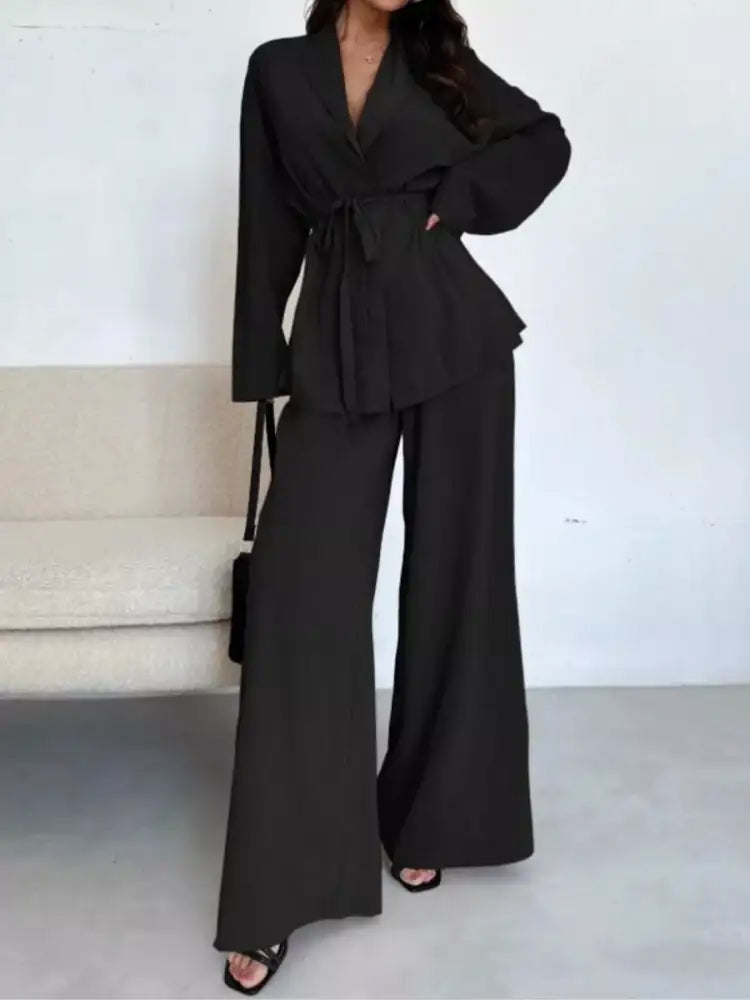 Front Tied Shirt and Wide-Leg Pants Set