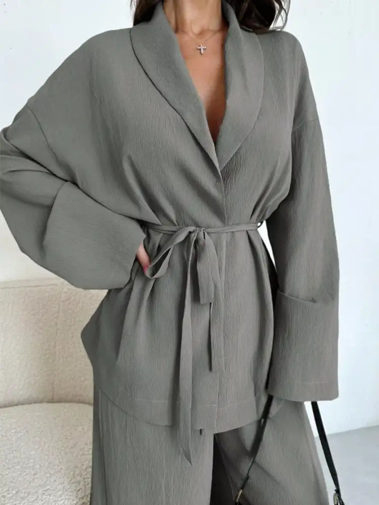 Front Tied Shirt and Wide-Leg Pants Set