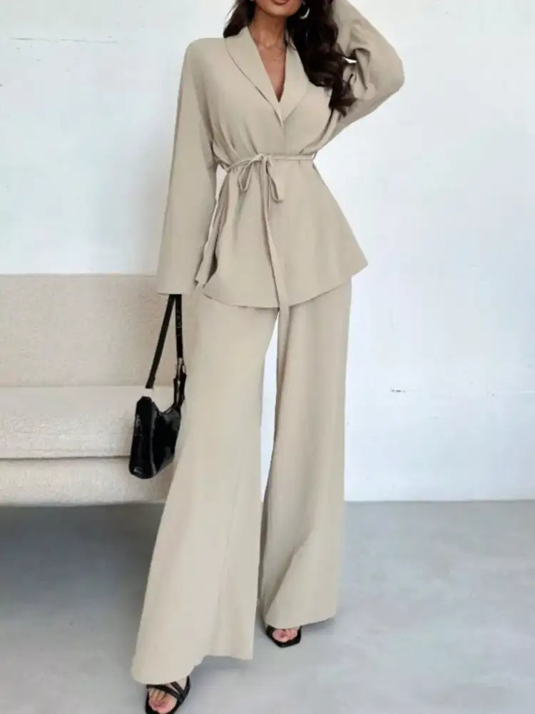 Front Tied Shirt and Wide-Leg Pants Set
