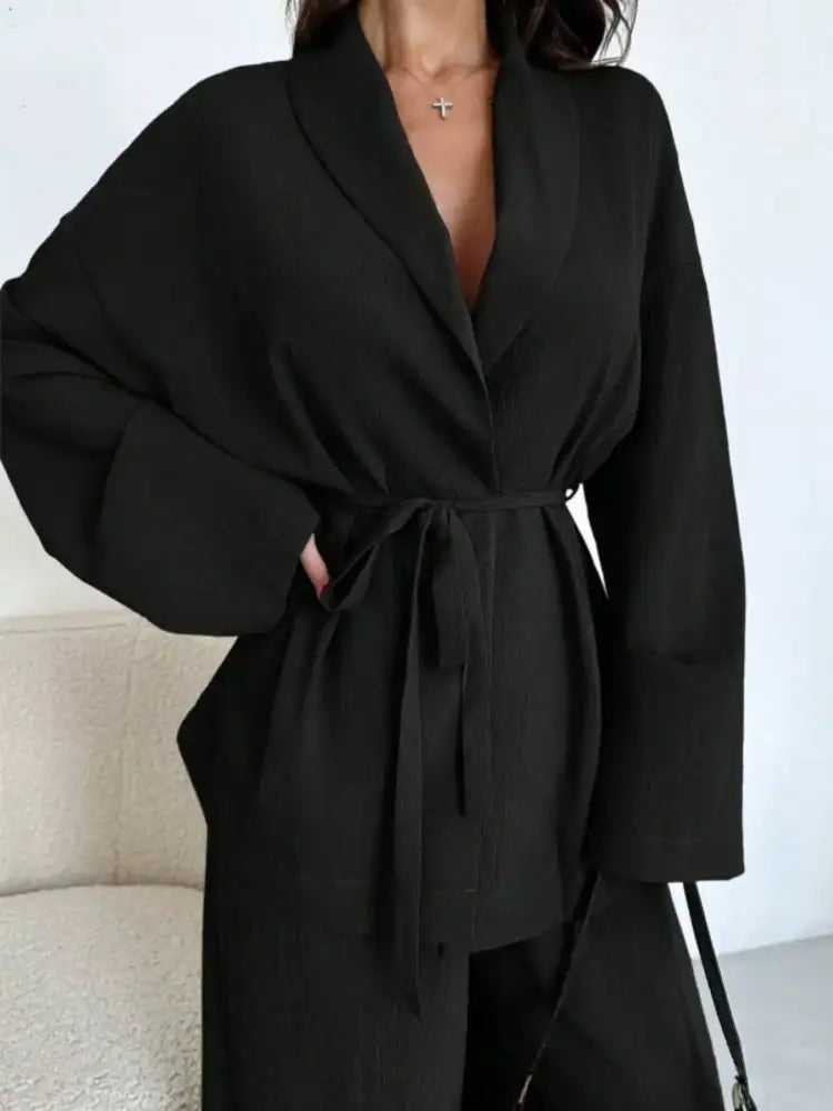 Front Tied Shirt and Wide-Leg Pants Set