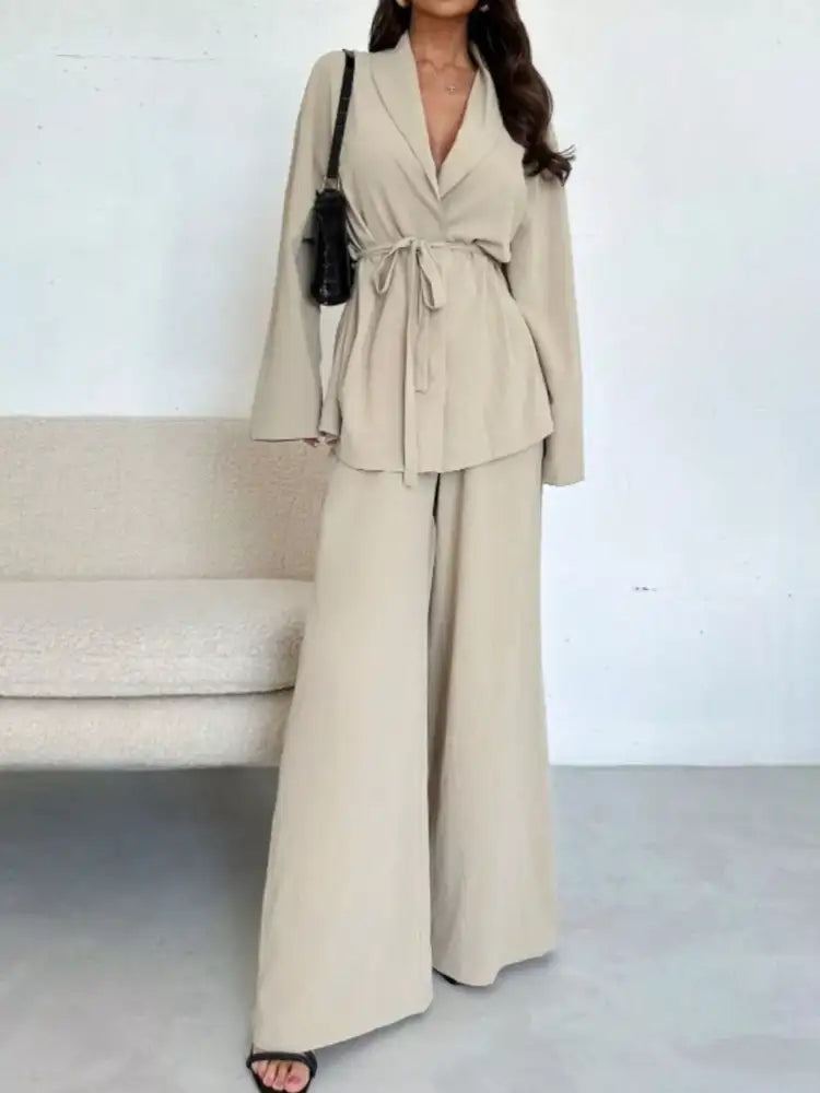 Front Tied Shirt and Wide-Leg Pants Set