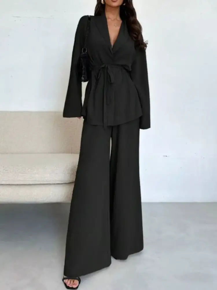 Front Tied Shirt and Wide-Leg Pants Set
