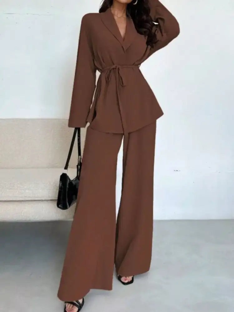 Front Tied Shirt and Wide-Leg Pants Set