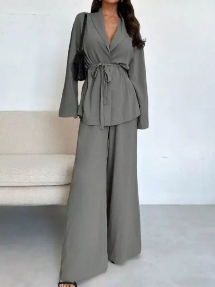 Front Tied Shirt and Wide-Leg Pants Set