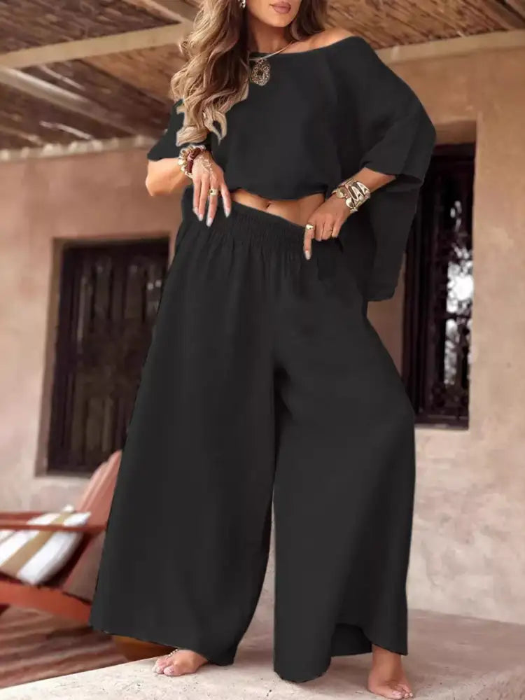 Full Size Boat Neck Top and Wide Leg Pants Set Plus