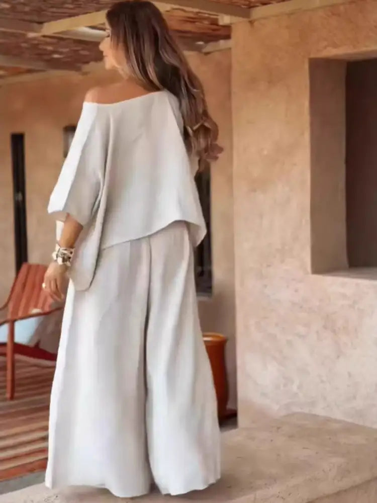 Full Size Boat Neck Top and Wide Leg Pants Set Plus