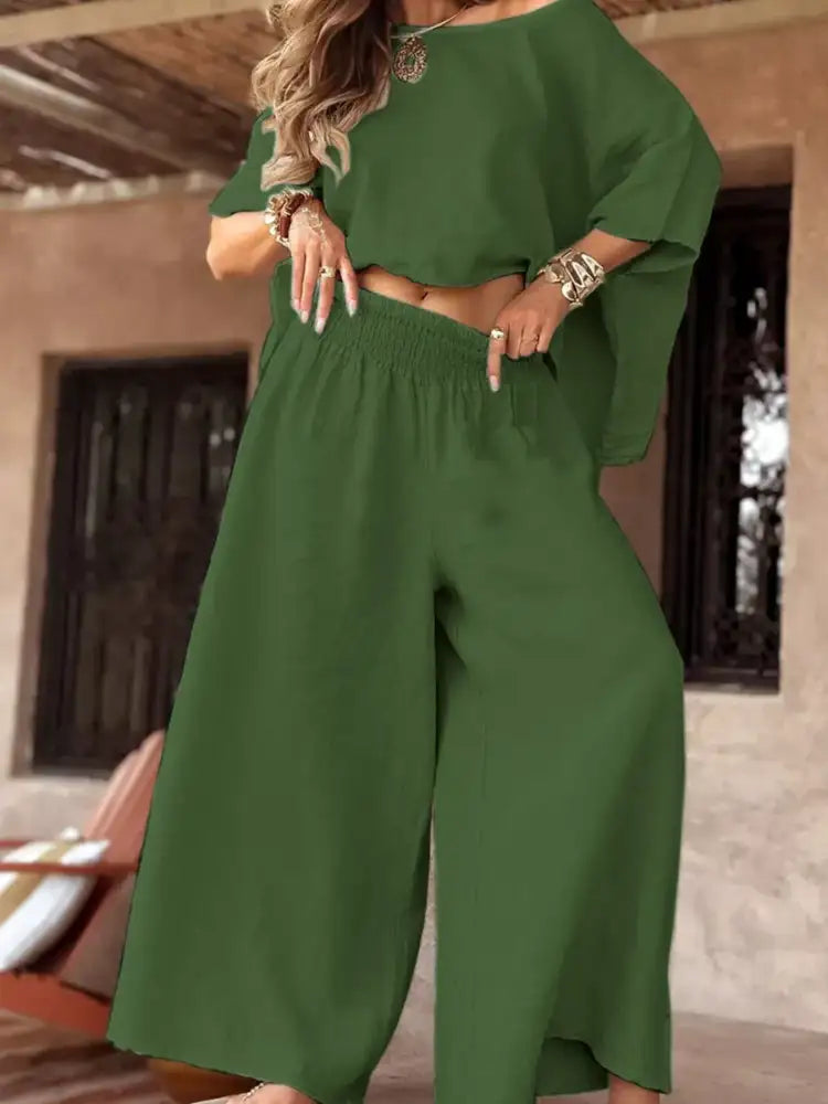 Full Size Boat Neck Top and Wide Leg Pants Set Plus
