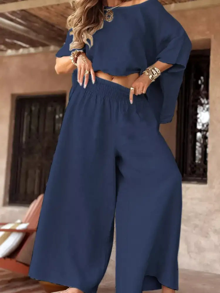 Full Size Boat Neck Top and Wide Leg Pants Set Plus