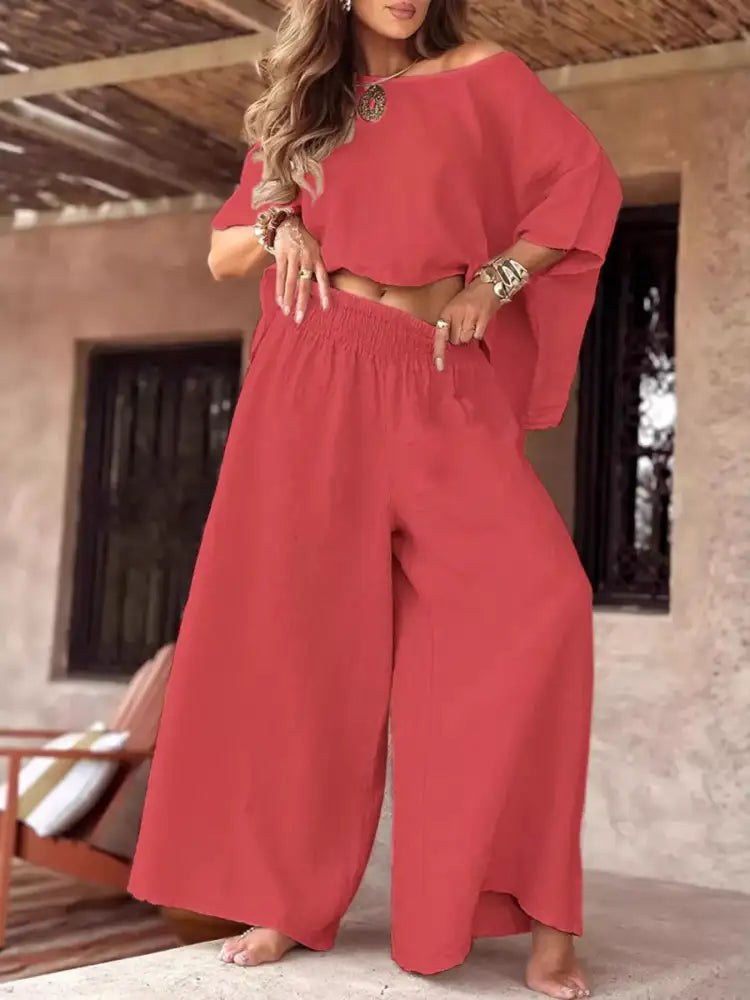 Full Size Boat Neck Top and Wide Leg Pants Set Plus