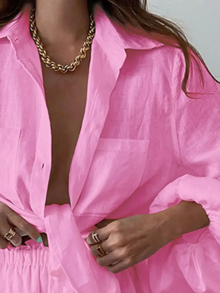 Full Size Button Up Balloon Sleeve Top and Shorts Set Plus