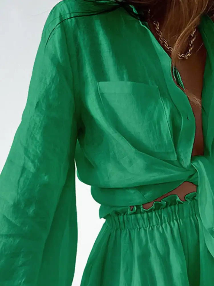 Full Size Button Up Balloon Sleeve Top and Shorts Set Plus