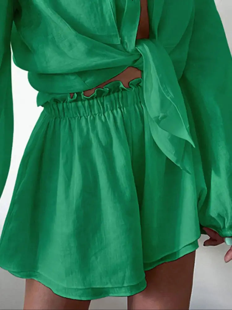 Full Size Button Up Balloon Sleeve Top and Shorts Set Plus