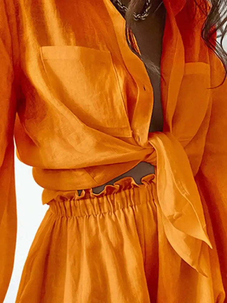 Full Size Button Up Balloon Sleeve Top and Shorts Set Plus