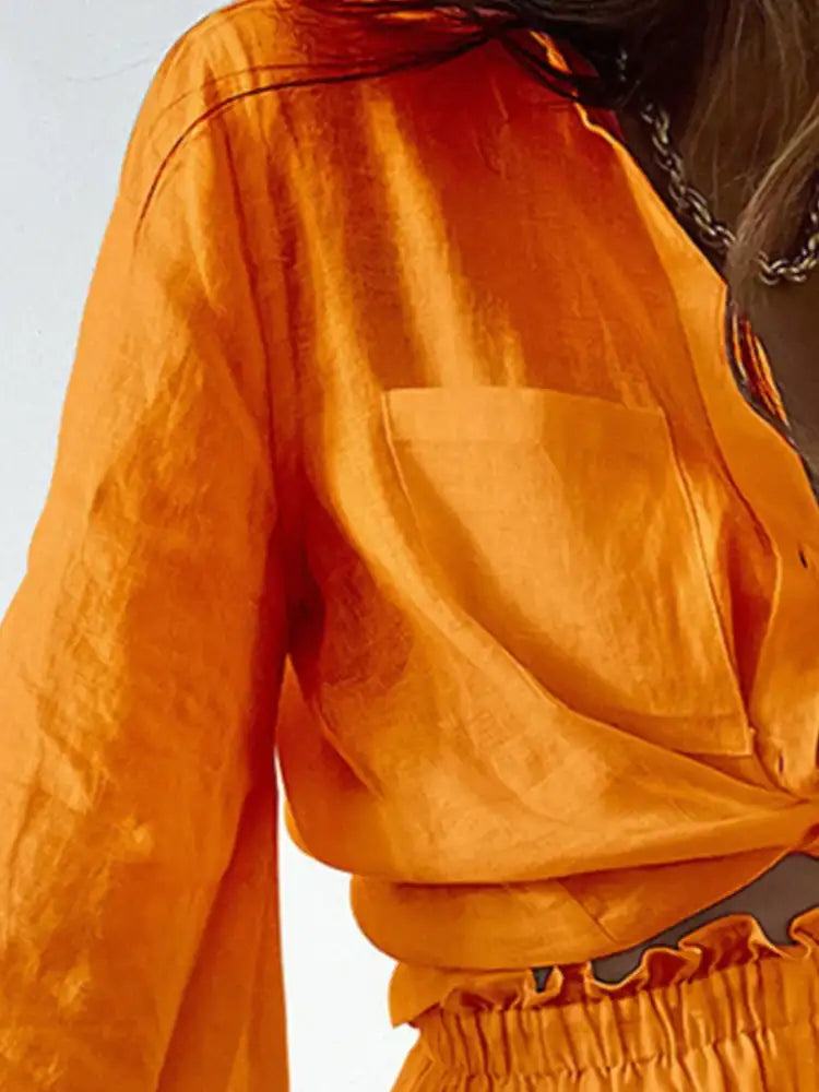 Full Size Button Up Balloon Sleeve Top and Shorts Set Plus