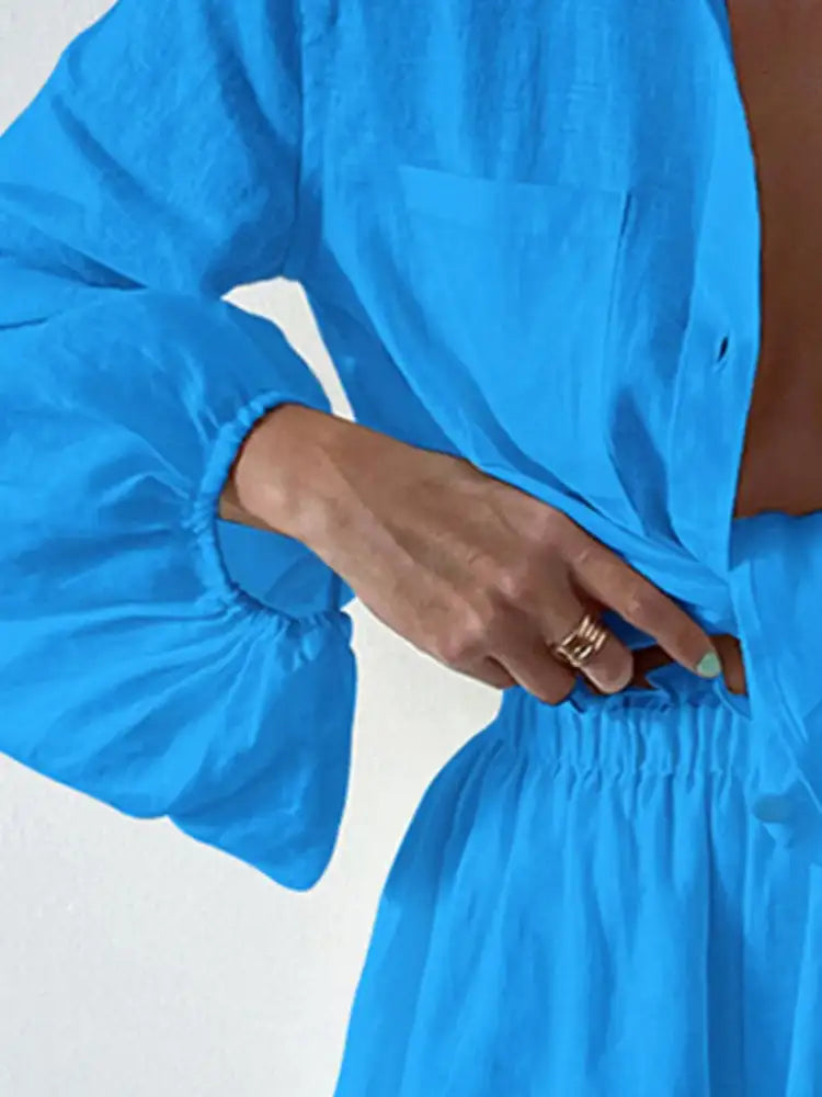 Full Size Button Up Balloon Sleeve Top and Shorts Set Plus