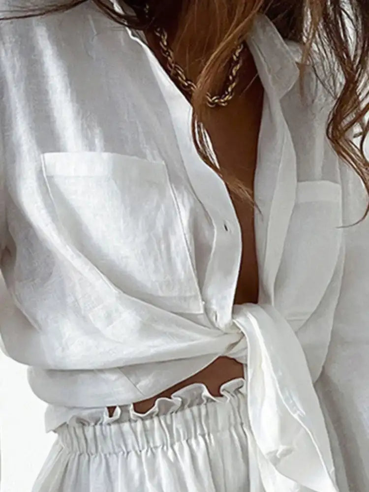 Full Size Button Up Balloon Sleeve Top and Shorts Set Plus