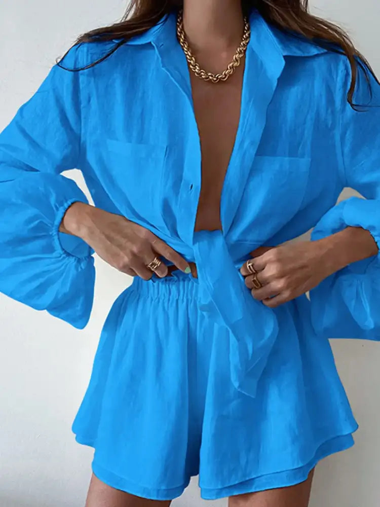 Full Size Button Up Balloon Sleeve Top and Shorts Set Plus