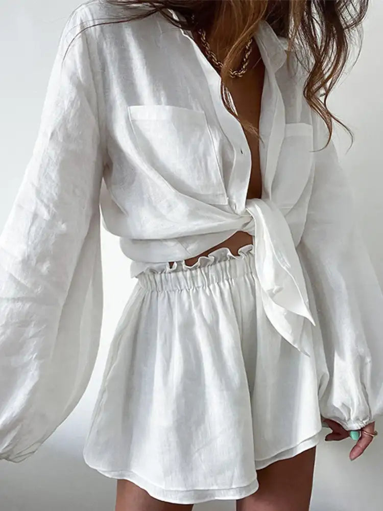 Full Size Button Up Balloon Sleeve Top and Shorts Set Plus