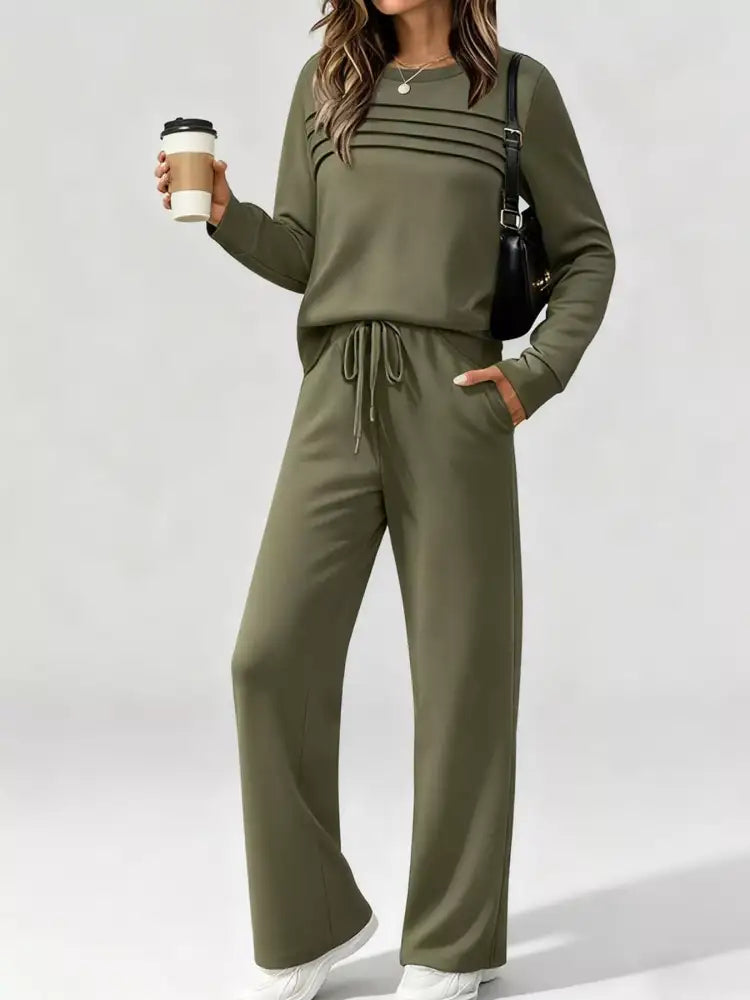 Full Size Casual Long Sleeve Top and Pants Set Plus