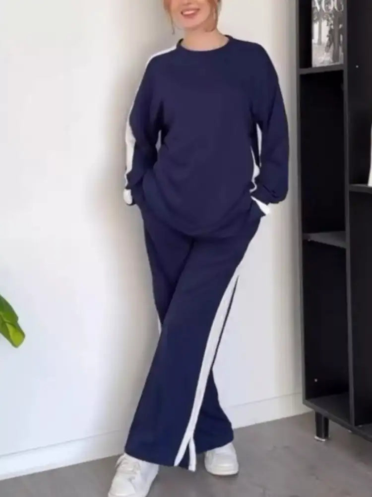 Full Size Contrast Round Neck Top and Pants Set Plus