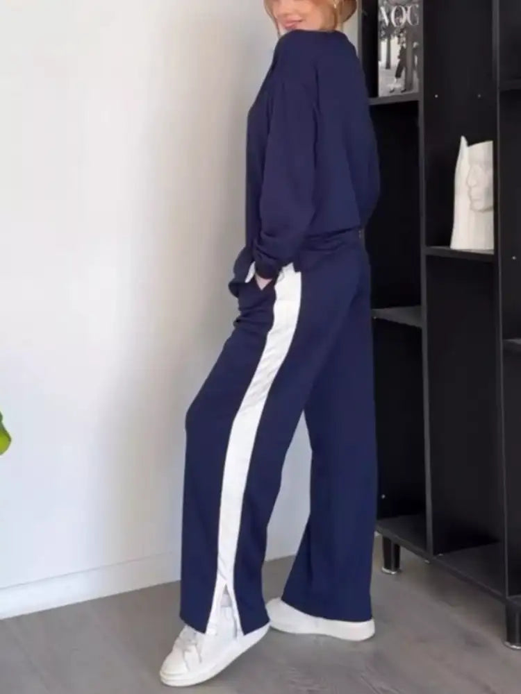 Full Size Contrast Round Neck Top and Pants Set Plus